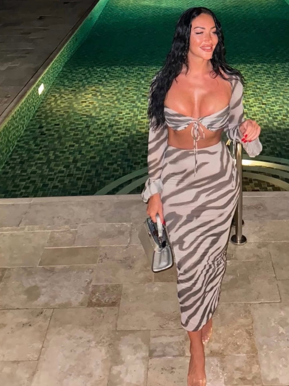 Zebra-Print Taupe Midi Skirt SET - Women